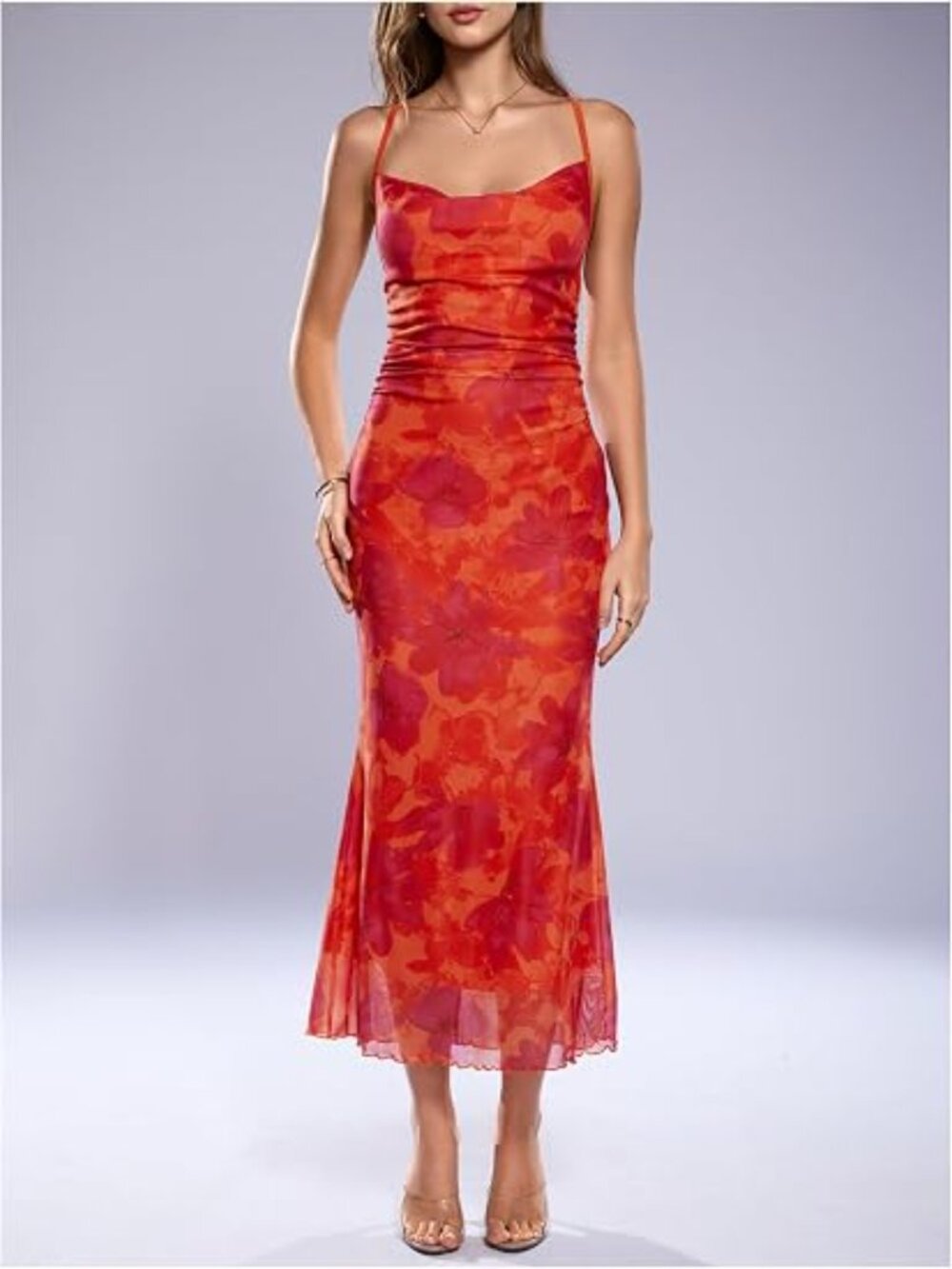 Women's Floral Mesh Cami Dress Cocktail Wedding Guest Long Dresses